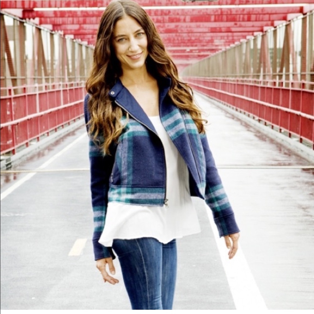 Gap Moto Plaid Wool Blend Green/Blue Cropped Asymmetrical Jacket